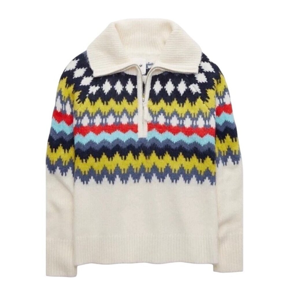 Fair Isle 1/4 Zip chunky Knit Sweater Ribbed Collar Nordic Pattern Womens XS